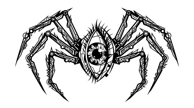 Mechanical steampunk spider with eye graphic illustration