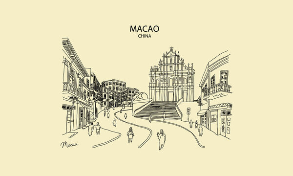 Artistic line of macao cityscape featuring st. paul's ruins and street view china