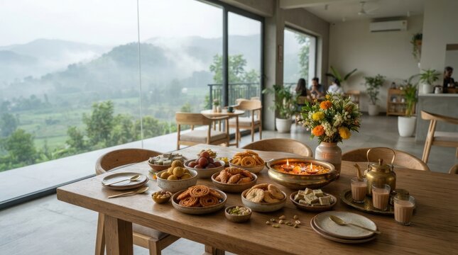Festive diwali dining table decorated with sweets and oil lamps overlooking scenic mountain landscape with morning fog.