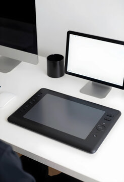 Digital design and creative workflow, graphic tablet with computer monitor on a clean white desk in a modern home office workspace for remote work