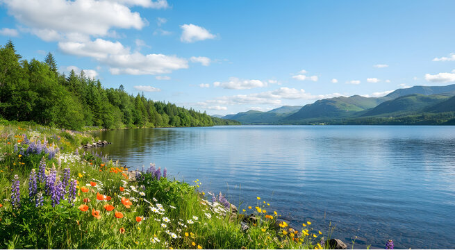 Calm Lake Wilderness: Tranquil mirrored lake surrounded by dense green forests and distant mountains