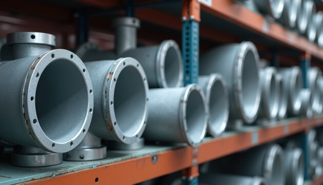 Industrial metal pipe fittings with flanges lined up on an orange storage rack in a warehouse. The gray cast iron components show weathered surfaces with bolted connection points.