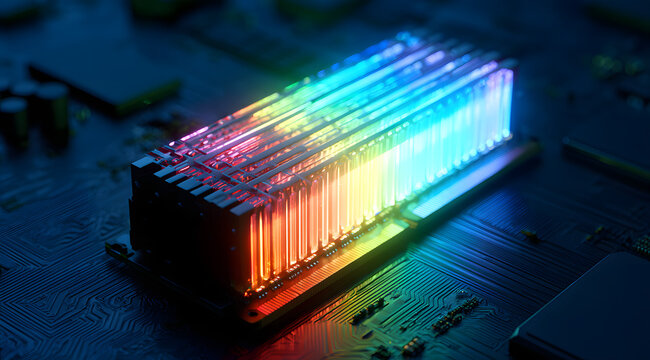 A computer RAM module featuring striking RGB LED lights shines against a dark circuit board. High-performance memory for enhancing the gaming PC's upgrade capabilities. A contemporary tech component d