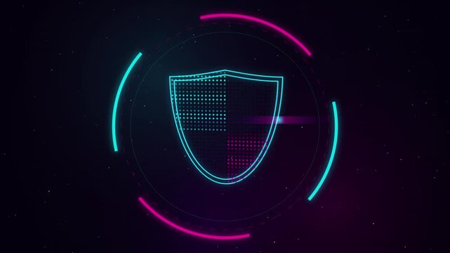 Digital Shield Icon animation with glowing neon circles against dark background
