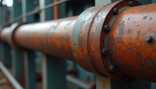 Closeup of a heavily rusted industrial metal pipe with rivets and bolted bands in an old factory or warehouse setting with blurred teal structural background.