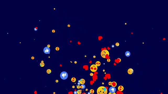Animated floating emoji icons background loop pack, social media reactions heart thumbs up sad face emoticons, Heart Eyes, Like and Laughing Faces flying Upward on blue background.4k video