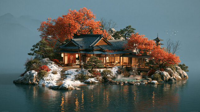 Isometric Ryokan Diorama Illustration