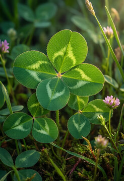 Good luck and fortune concept, rare five leaf clover growing in a green meadow with spring flowers and natural sunlight in a garden environment