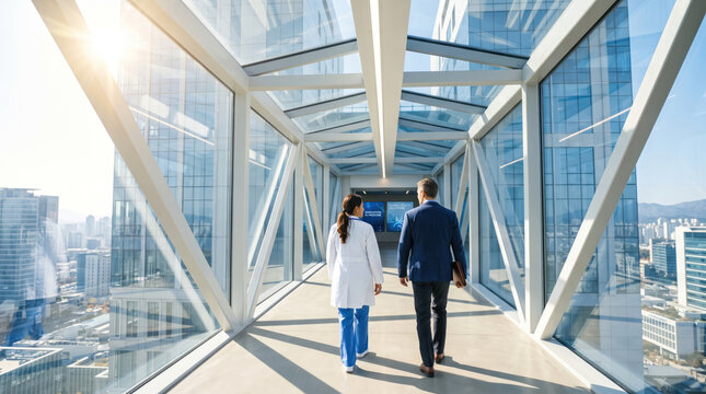 Doctor healthcare manager walking through sunlit medical bridge corridor, conveying teamwork and professional confidence.