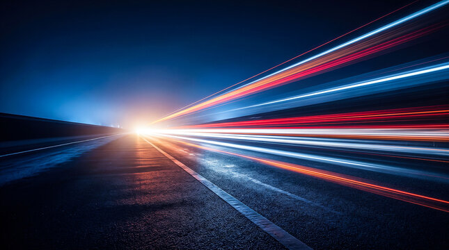 Long exposure of car light trails on wet road at night with bright light source in distance signifying transportation, travel, and urban night life.
