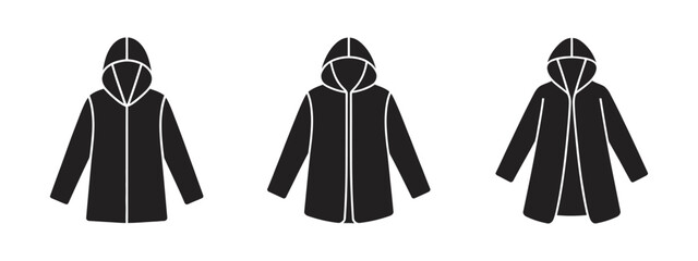 Black hooded jacket icon set, raincoat vector silhouettes and winter coat graphics for clothing fashion apparel and outerwear design   © Arif Mia 1