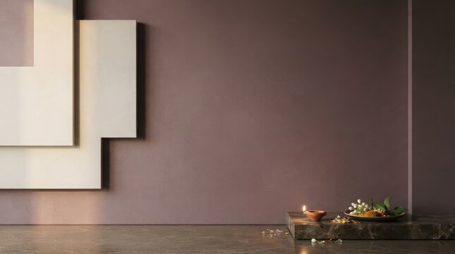 Minimalist purple wall with white geometric panel decoration and traditional oil lamp placed on marble pedestal base.