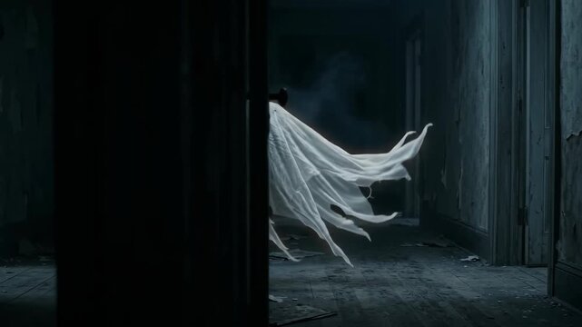 Spooky halloween ghost with skull flying through dark hallway