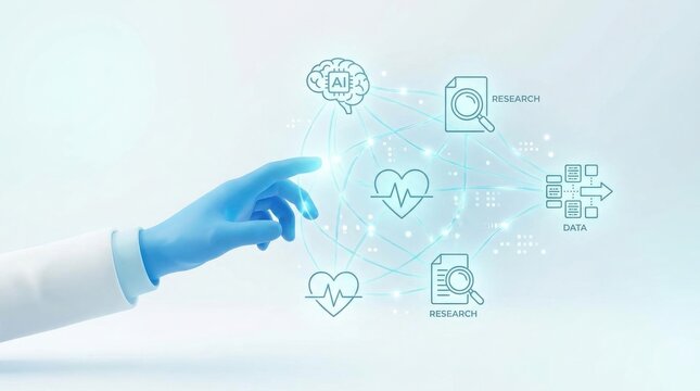 A gloved hand interacting with a digital medical research with medical professional wearing blue glove touches glowing digital interface featuring icons brains hearts research documents intelligence
