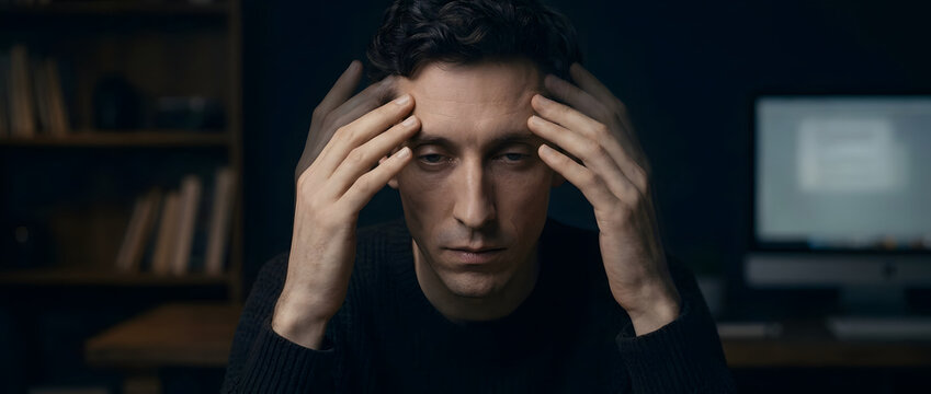 Stressed young man, feeling intense headache and exhaustion, dark room with computer and bookshelf, evening home office setting, mental health awareness marketing burnout prevention digital ads