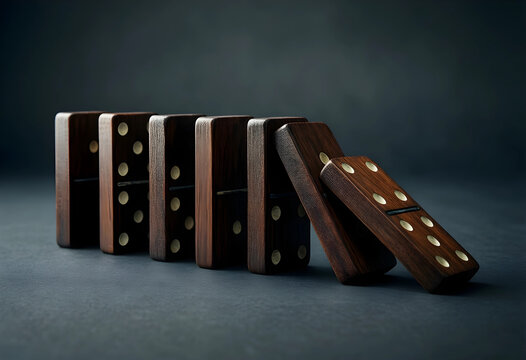 Chain reaction and domino effect wooden dominoes falling in a row business risk management strategy and consequences in corporate planning