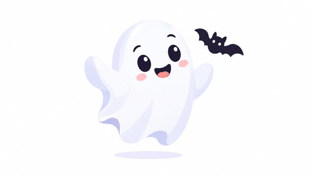 Wesoły duszek i nietoperz, minimalistyczna grafika na Halloween, ilustracja flat design