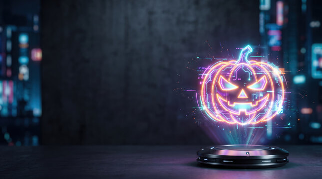 Halloween event with glowing pumpkin hologram on futuristic platform in dark cyberpunk room.