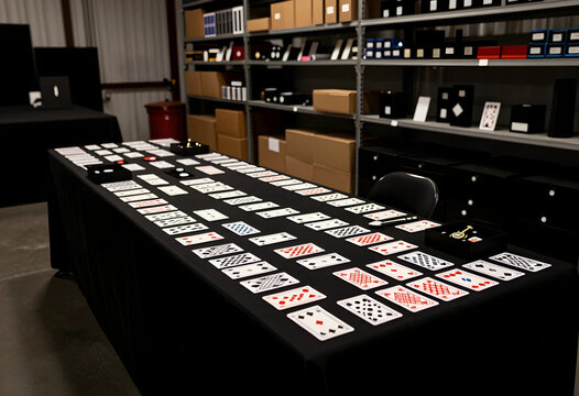 Gambling strategy and risk management, playing cards laid out on a table in a warehouse for casino game development or professional card counting training