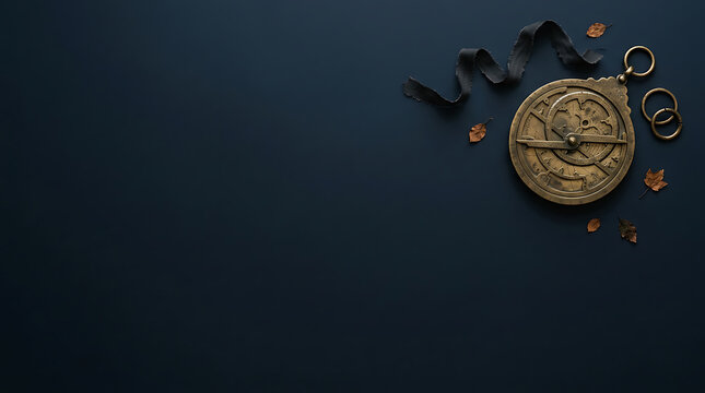 Antique brass astrolabe with scattered gold coins on dark reflective surface for financial or historical branding