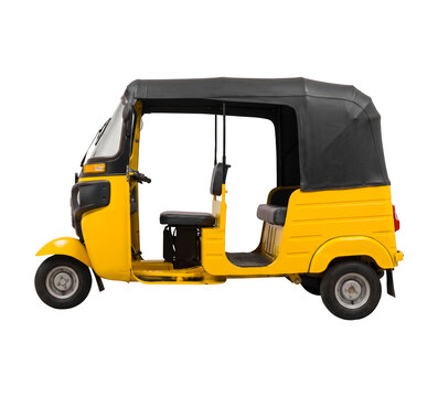 Yellow auto rickshaw tuk-tuk side profile view isolated on transparent background