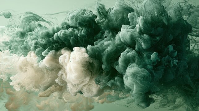 Deep green and cream colored ink dispersing in clear water against a soft background