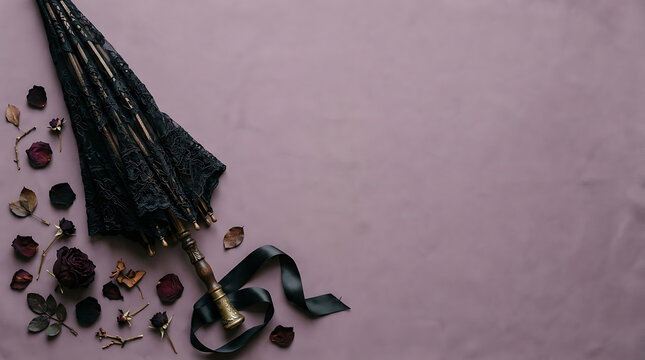 Antique black lace parasol with dried roses on a textured mauve background