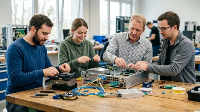 A group of technicians collaborating around a workshop table, working together to assemble and splice fiber optic network equipment with various specialized tools and cables