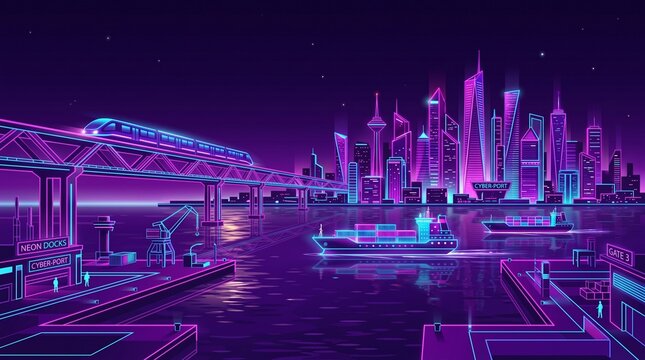 Vibrant synthwave vector illustration of a futuristic cyber port with cargo ships passing under a massive monorail bridge in front of a glowing neon skyline