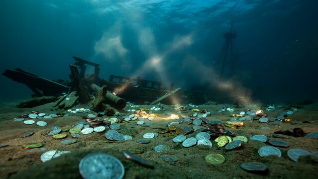 Sunken shipwreck resting on ocean floor with scattered coins and debris in underwater scene