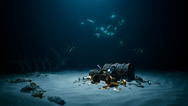 Underwater Scene with Sunken Treasure Chest and Scattered Gold Coins