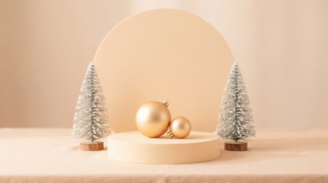 Merry Christmas Minimalist beige Christmas product display stand with gold ornaments and small snowy pine trees for holiday seasonal marketing