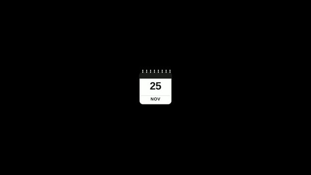A minimalist animated calendar icon showing the date November 25th on a black background, perfect for presentations and digital projects