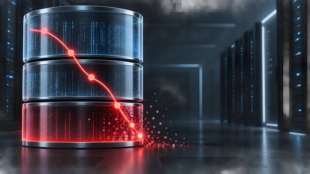 Transparent database storage unit with descending red graph line shattering into pixels representing critical data corruption and system collapse