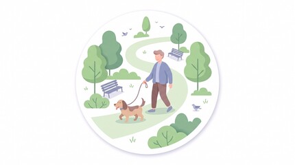 Fototapeta premium Man walking his pet dog on a leash in a peaceful city park with green trees and benches