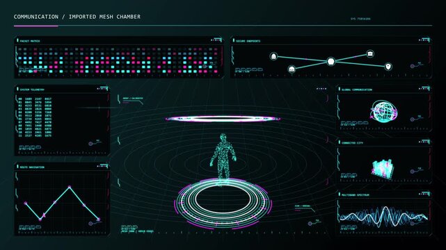 Futuristic sci-fi deep space telemetry HUD interface with radar, data charts, graphs, and digital control panels for tech and gaming projects.