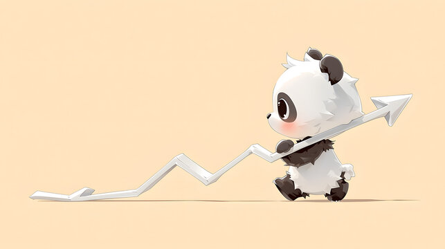 Adorable Panda Holding Red Bullish Growth Arrow Graph for High Financial Profit and Investment Strategy Concept