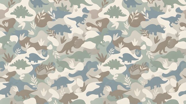Seamless dinosaur pattern with leaves in earthy tones
