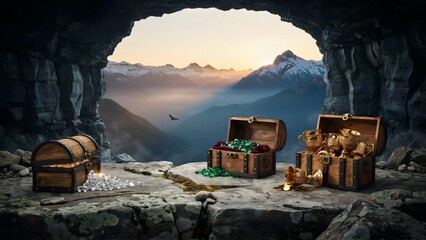 Obraz premium Secret Treasure Cave Hidden in Mountainous Landscape with Waterfalls and Gear