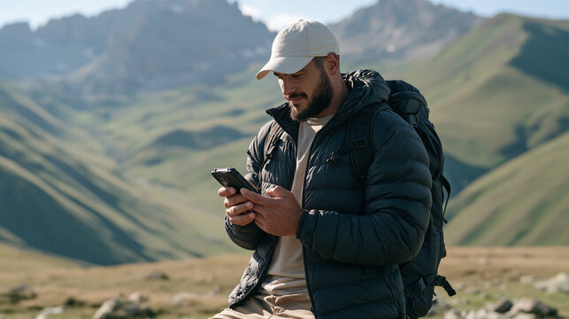Georgian mountain guide using a satellite connected rugged device to receive a cryptocurrency tip from a hiking tour client, outdoor adventure economy, borderless digital payment,