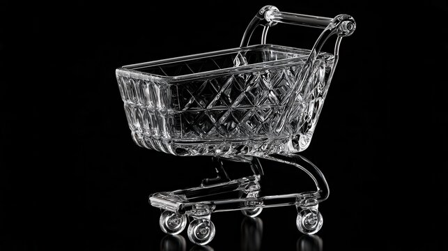 A transparent glass shopping cart isolated on a solid black background with diamond pattern design