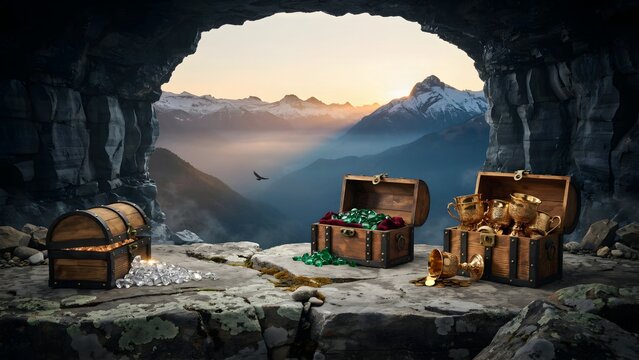 Secret Treasure Cave Hidden in Mountainous Landscape with Waterfalls and Gear