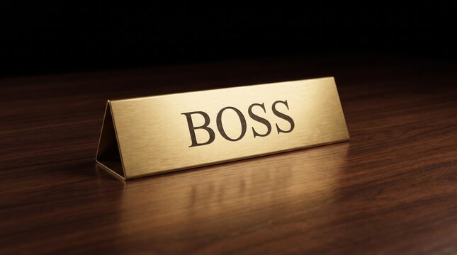 Brushed gold nameplate featuring bold black lettering spelling boss sits elegantly on a polished dark wood desk surface under lighting