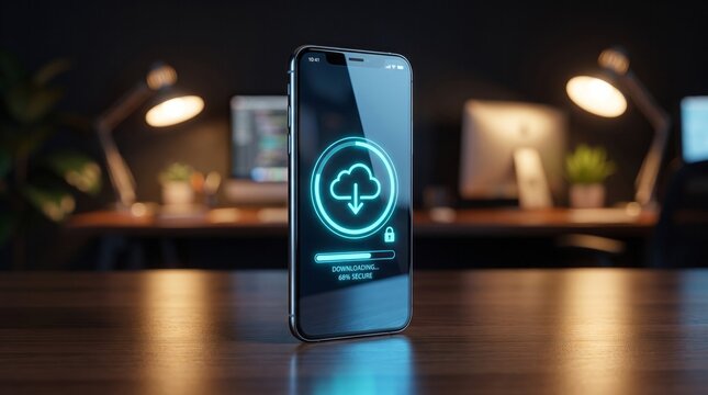 Glowing smartphone screen displays a secure digital cloud downloading interface with a progress bar and vibrant neon blue cyan light