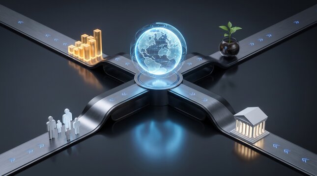 Glowing holographic digital earth connected to four industrial paths with golden graphs, miniature figures, growing plants, and banking institution icons