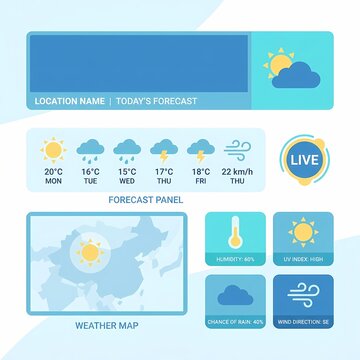 Weather forecast user interface elements display daily temperature conditions, interactive map data, and meteorological icons on a digital screen.