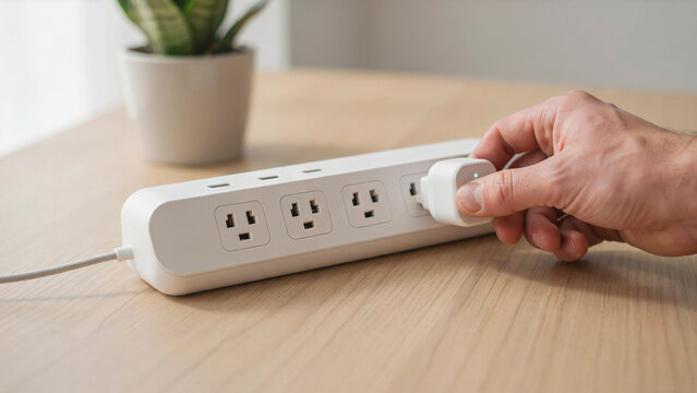 Hand plugging power cord into white extension socket on wooden table

