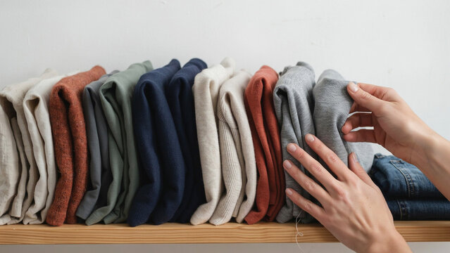 Hands organizing neat vertical folded clothes on wooden wardrobe shelf
