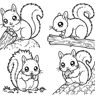 Cute kawaii squirrels coloring page set, four adorable fluffy baby squirrels with big eyes eating acorn on tree branch line art for kids coloring book