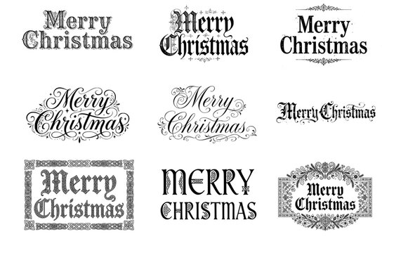 Assorted variety vintage fonts typography text , Merry Christmas, white background  vector illustration font  seasonal holiday festive celtic medieval script